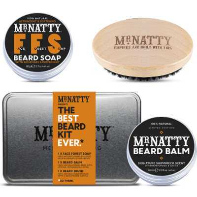 Kit barba Mr Natty Box. Sapone da barba, spazzola da barba, balsamo da barba.